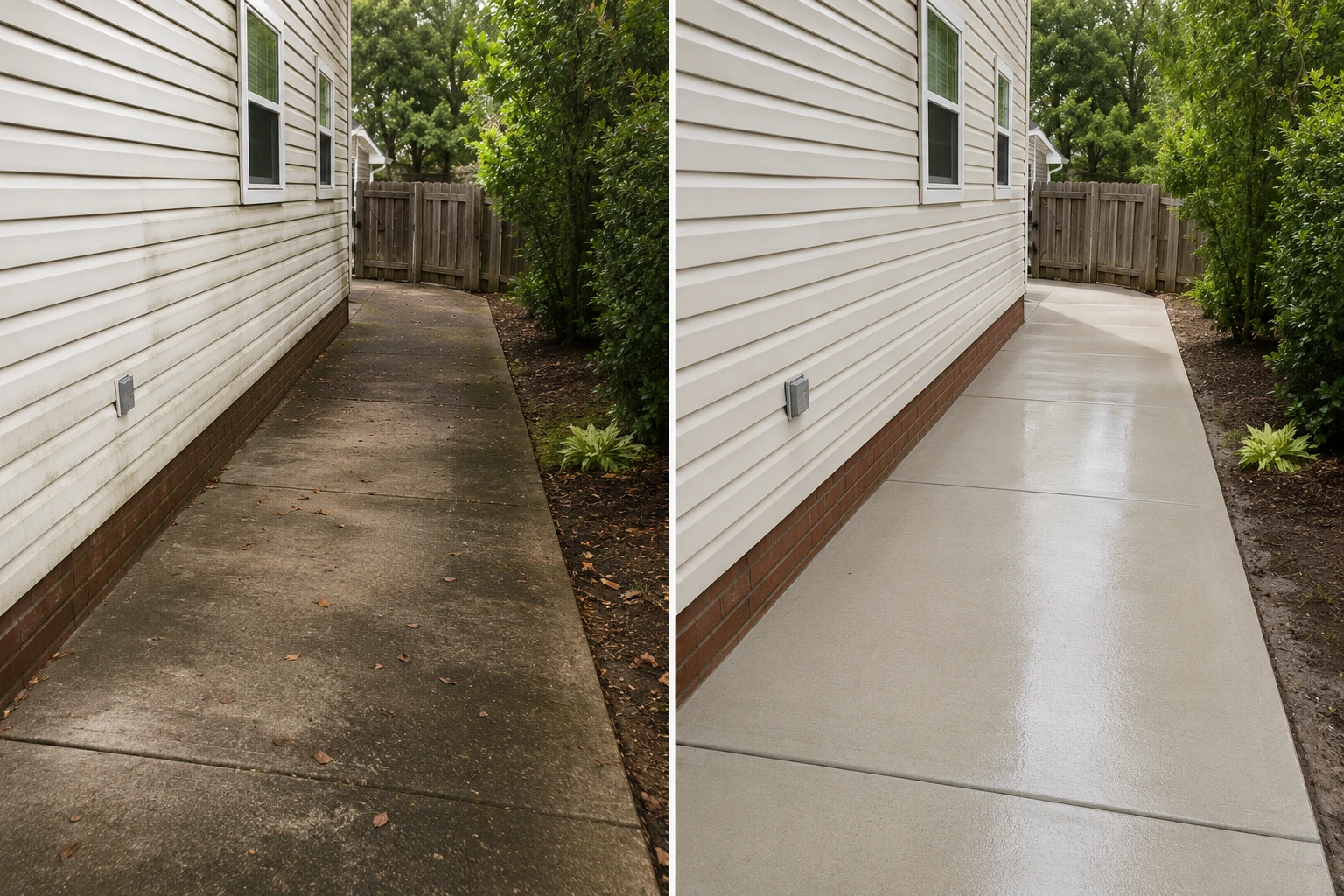 Pressure washing before and after exterior walkway
