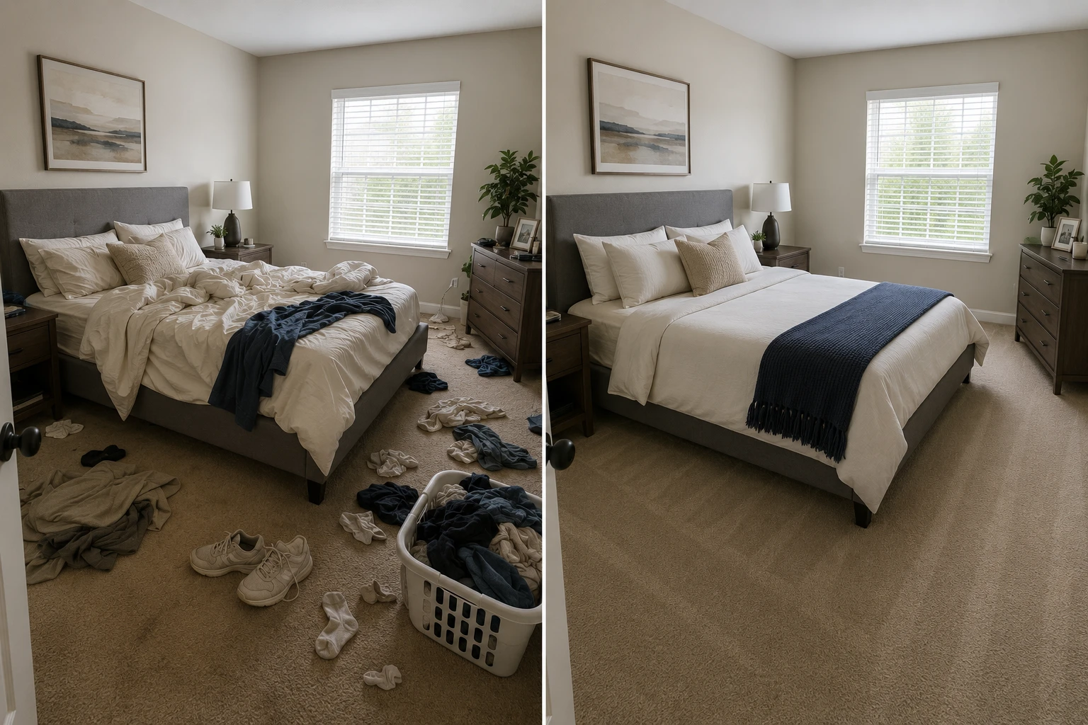 Bedroom before and after cleaning