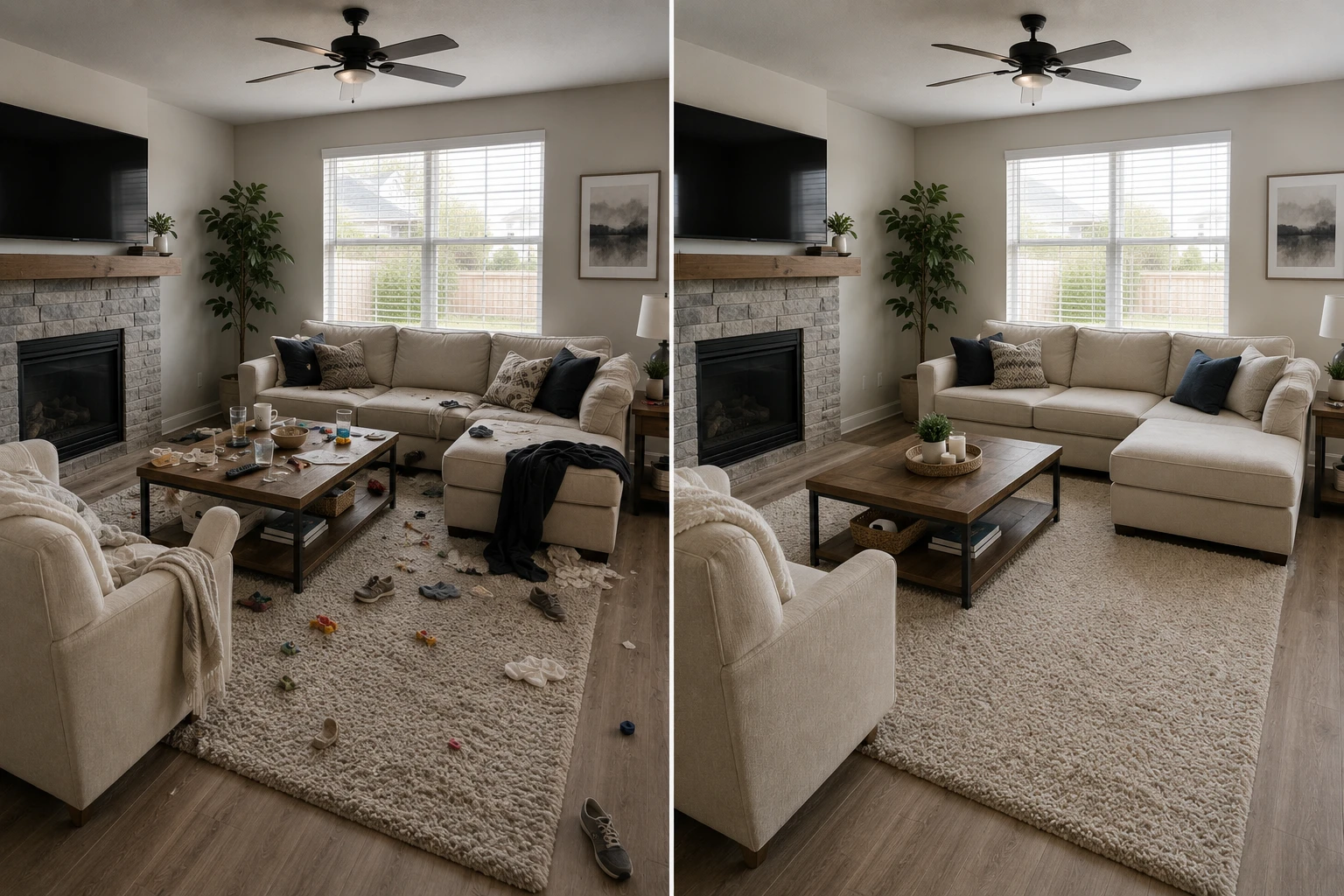 Residential living room before and after cleaning